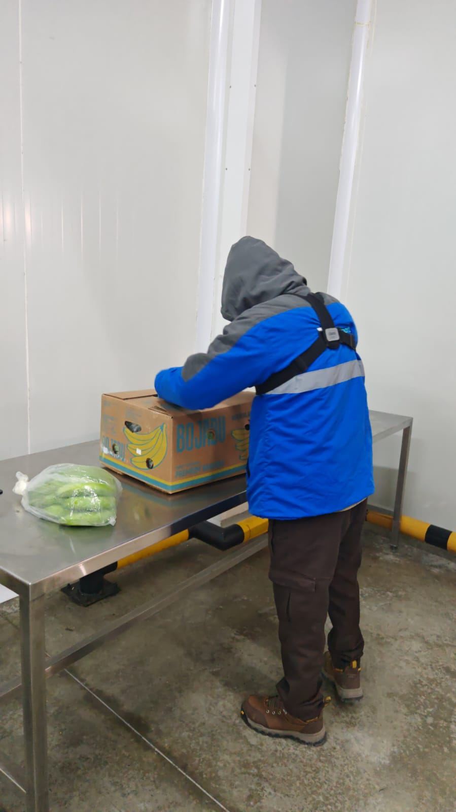 Trabajador con uniforme reflectivo en cold storage